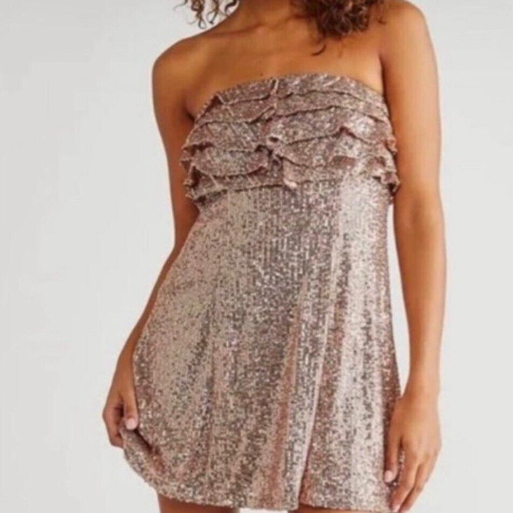 Free People Frida Ruffle Mini Dress Gold Strapless NWOT Size 2, - Picture 2 of 9